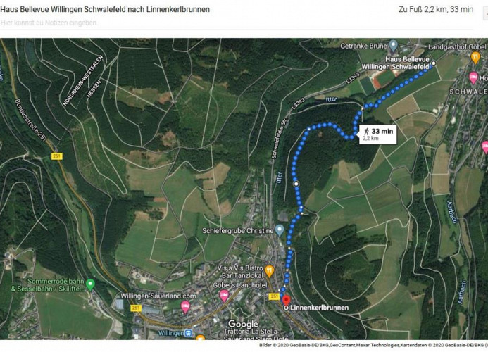 2,2 km Fußweg ins Willinger Zentrum (Google Maps)